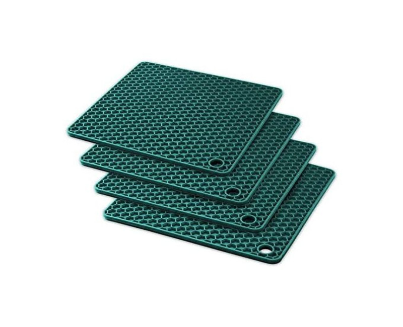 4 PC Square Silicone Trivet Pot Holders Drying Heat Resistant Non-Slip Mats Cup Coasters- Green.