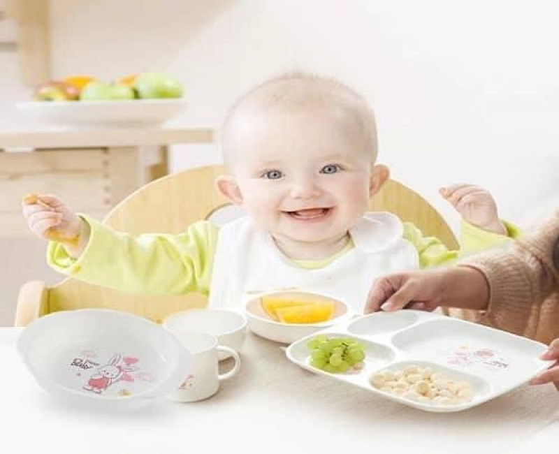 Children Tableware Dinner Set 6 in 1 Feeding Series Plate Cup Bowl Spoons Tray Gift Pack- White