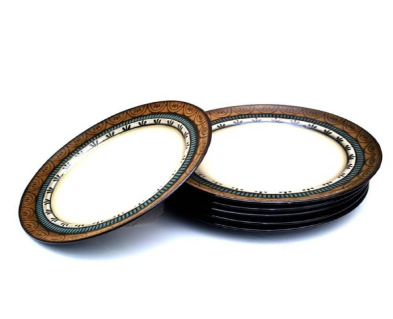 6 Pieces Of Food Round 2 Brown And Blue Band Dinner Plates - Cream