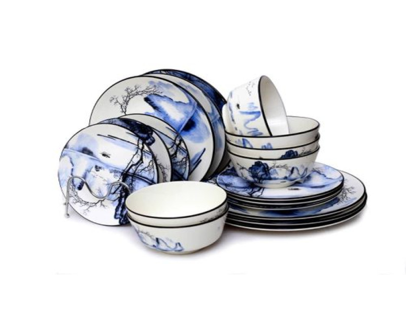 18 Piece Round Landscape Food Plates, Sideplates, Bowls Dinner Set - Multicolor