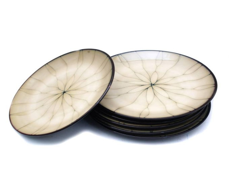 6 Pieces Of Food Round Black Flower Lined Dinner Plates - Cream.