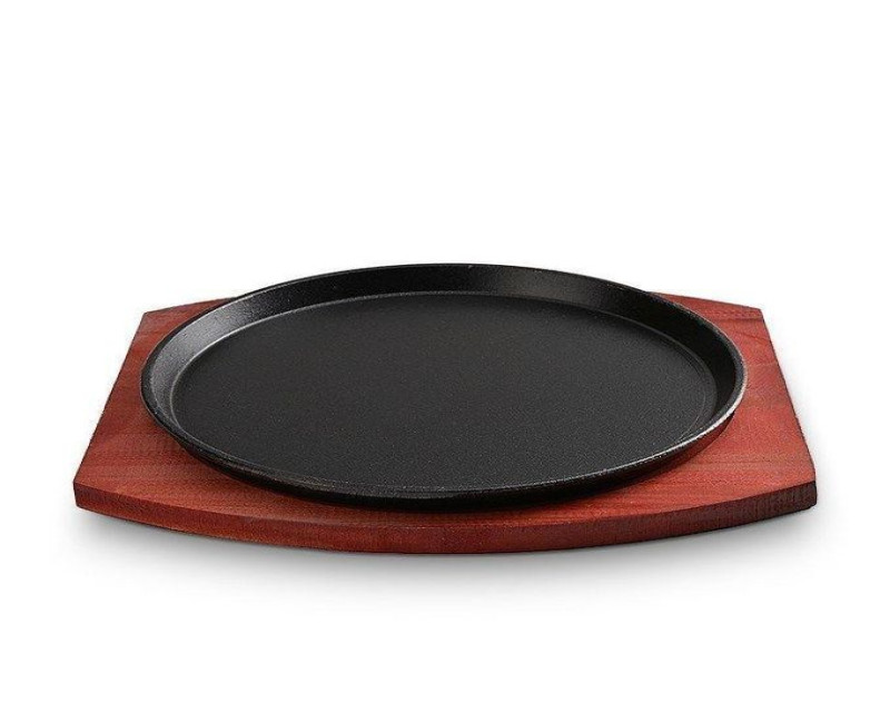 Oval Sizzling Steak Plate, Cast Iron Steak Plate Sizzle Griddle with Wooden Base for Restaurant Home Kitchen Cooking Grilling Meats Seafood- Black brown