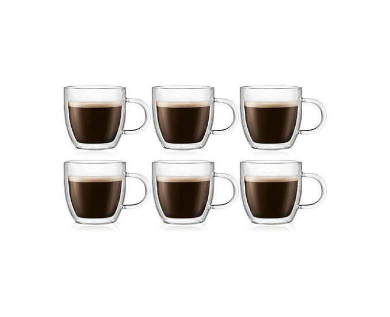 6 Piece Double Wall Glass Coffee Mugs Set with Handle, 8oz Tea Cups, Clear Glass Drinkware for Espresso, Cappuccino, Latte, Hot Beverages