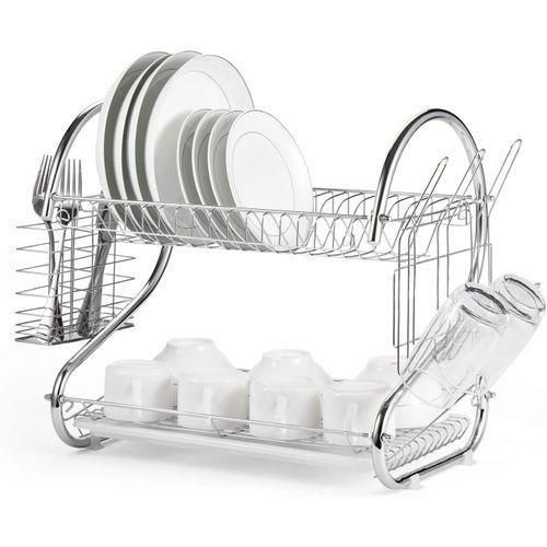 2 Tier Stainless Steel Dish Rack For Draining Utensils Kitchen Orgarnisation-Silver