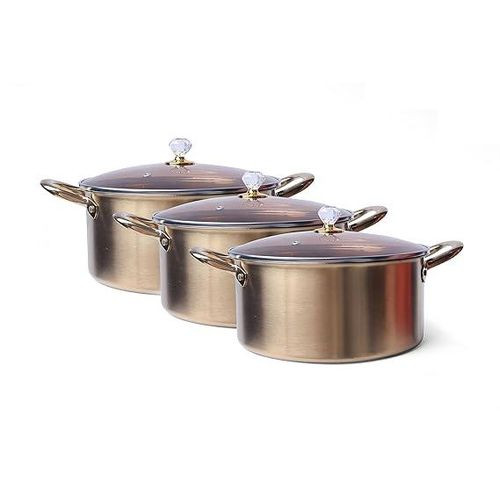 6 Pieces Set Of Stainless Steel Heavy Bottom Saucepans With Glass Lids And Handles-Multicolour