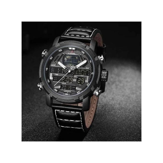 Leather Strapped Digital And Analog Led Mens Watch - Black