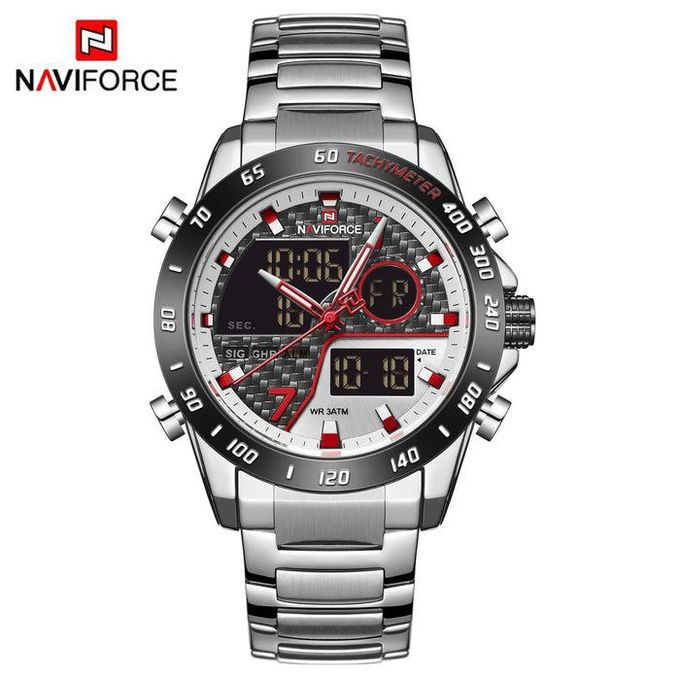 Stainless Steel Dual Display Watch - Silver,Red