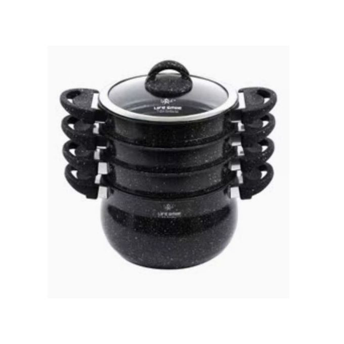 4 Layer Granite Coated Stockpot Couscoussier Steamer Saucepans - Black.