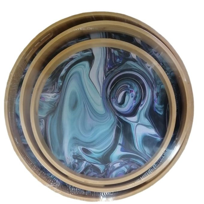 3 Piece Round Heavy Marble Bamboo Wooden ServingTrays- Brown .