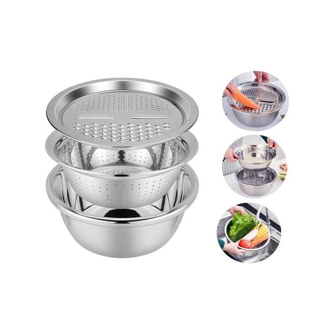3 In1 Colander Basin, Grater Strainer & Rice Drain Basket Salad mixing Bowl, Silver.