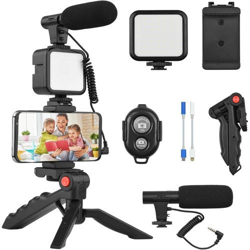 Vlogging Kit for iPhone, Android (with Tripod), with Mini LED Video Light + Cardioid Microphone + Phone Clip + Tripod for Video Calling, Vlogging, YouTube, Instagram, TikTok