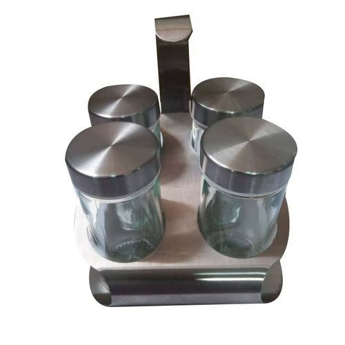 4Pieces Glass Spices Shakers With Stainless Steel Rack-Silver