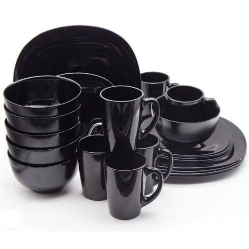 Ceramic 6 Dinner Plates 6 Side Plates 6 Soup plates 6 Tea Cups-Black