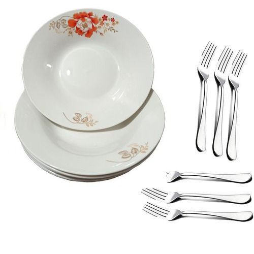 Ceramic 6 Plates With 6 Stainless Steel Forks/Flower Varies-White/Silver