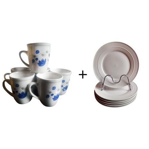 Ceramic 6 Plates With 6 Ceramic Cups/Flower Varies-White