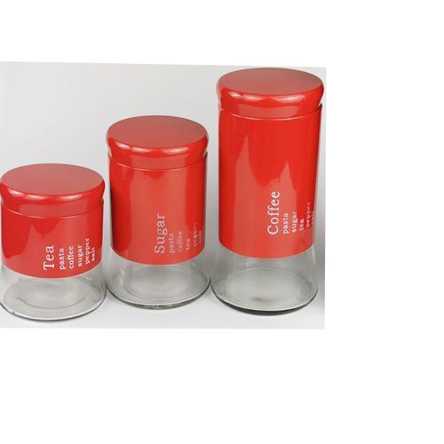 3Pcs Set Canister Tins For Sugar Tea Coffee Storage - Red