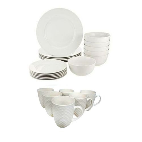 24 Pieces Set Of Ceramic Dinner Plates Soup Plates Cups And Side Plates-White