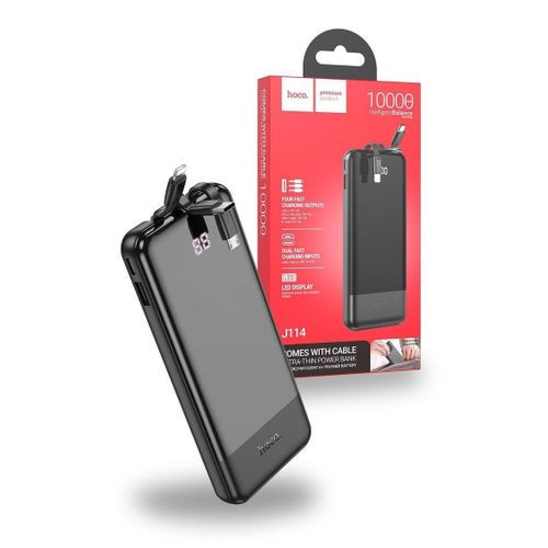 J114 Fast Charging Mobile power bank with 10000mAh capacity.Type-C and Micro-USB inputs. USB-A port and built-in cables for Lightning, Type-C and Micro-USB outputs. LED digital display of power level.- Black