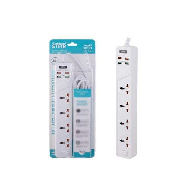 4 Switched Universal Extension Socket Power Strip Electrical Outlet With Cable- white