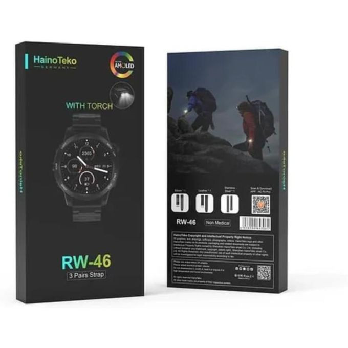 1 Piece Of RW- 46 Men Smart Watch With 3 Pairs Straps HD IPS AMOLED Display Waterproof Smartwatch App Control Heart Rate GPS And Fitness Smart Watch With Wireless Charger And Torch Light -Multicolor