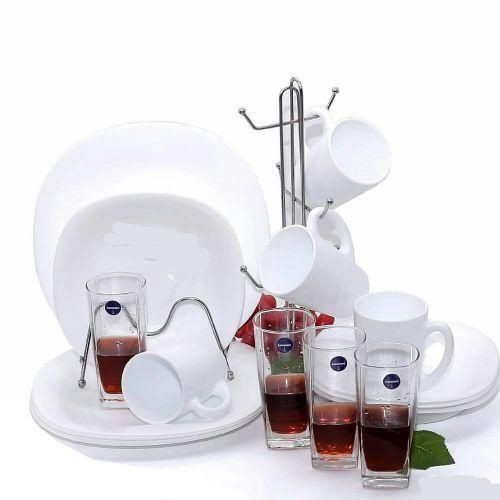 16 Piece Ceramic Dinner Set With Plates, Cups, Glasses And Side Plates - White