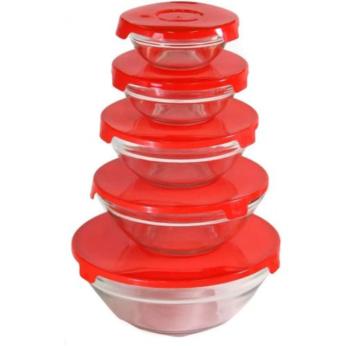 5 Piece Glass Bowl Set With Plastic Lids Colors For Lids Vary