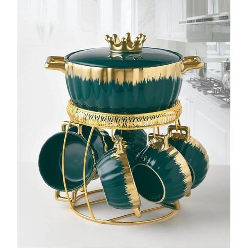 7 Pieces Set Of Ceramic Soup Tureen Serving Bowl With Metallic Stand Suitables For Serving Fruits Soups