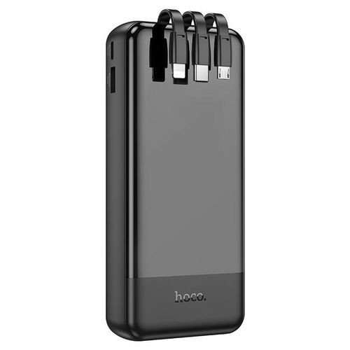 J114A Mobile power bank with 20000mAh capacity. Type-C and Micro-USB inputs. USB-A port and built-in cables for Lightning, Type-C and Micro-USB outputs. LED digital display of power level- Black