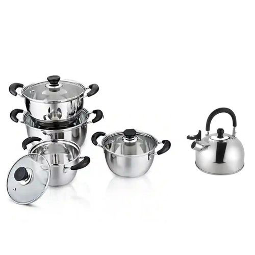 9 Pieces Cookware Set With A Whistling Kettle-Silver