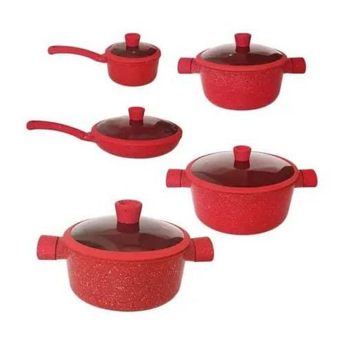 10 Pieces Granite Marble Non Stick Cookware Set With Glass Lids-Multicolours