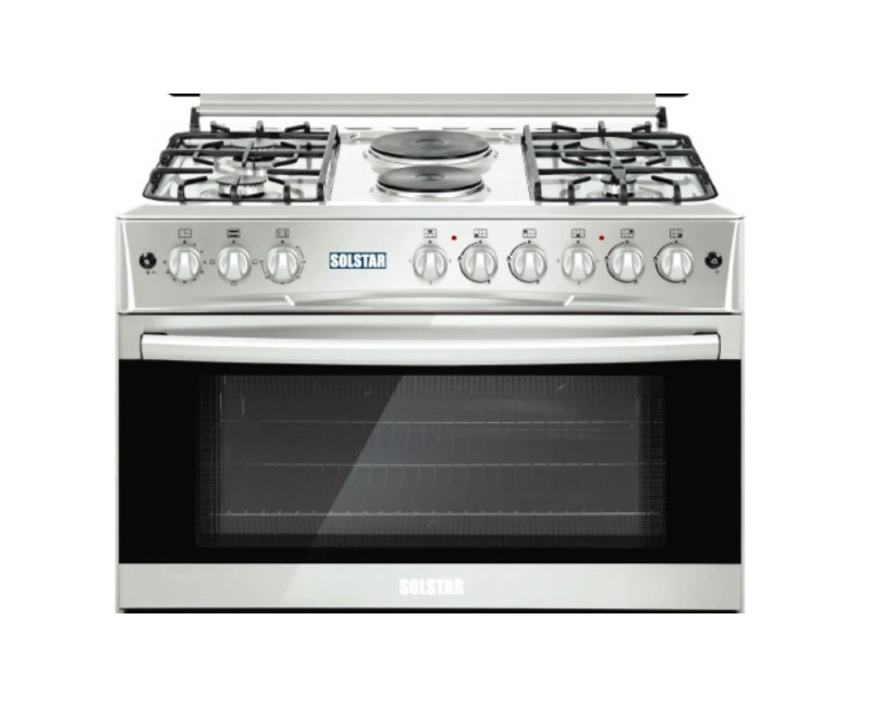 Solstar Standing Cooker,90x60, 4 Gas,2 Hot Plate, Electric Oven, Rotesserie, Grill, Silver Colour SO942DEINBSS