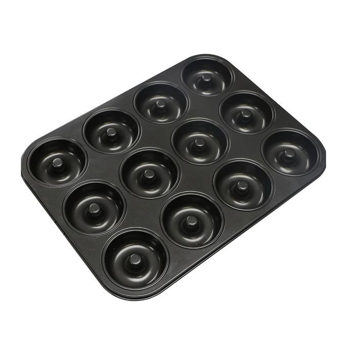 Doughnut Mould 12 Hole Non Stick Baking Tin Carbon Steel Donut Mould for Begal Sandwich, Doughnut - Black