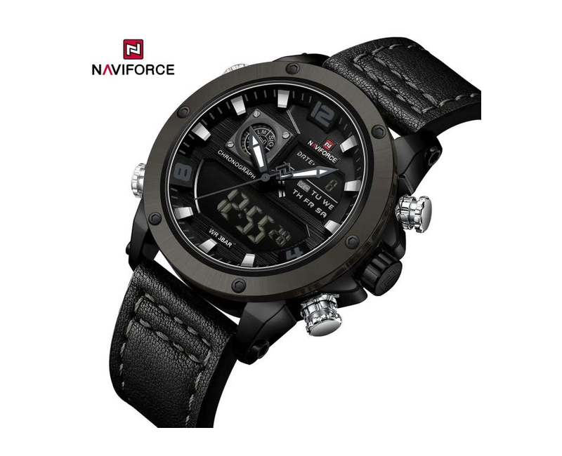 Brand New Leather Strapped Dual Designer Watch - Black