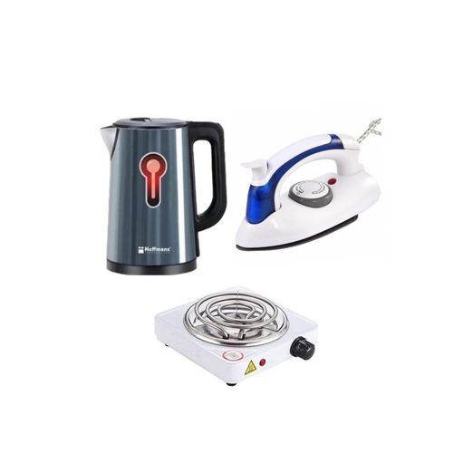 Bundle Pack Of Original 2.5Ltrs Electric Tea Kettle For Boiling Water Stainless Steel Double Wall Hot Water Boiler with Automatic Shut Off & Boil-Dry Protection Plus A Mini Foldable Travel Steam Flat Iron Box And A Single Coil Hot Plate 1000W- Multicolor