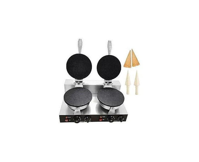 Electric Commercial Double Waffle Maker Icecream Cone Making Machine With Non Stick Plates Designs Vary-Silver/Black