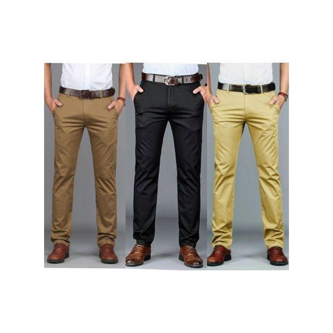 3 Packs of Men's Khaki Stretcher Trousers - Brown,Coffee Brown, Black