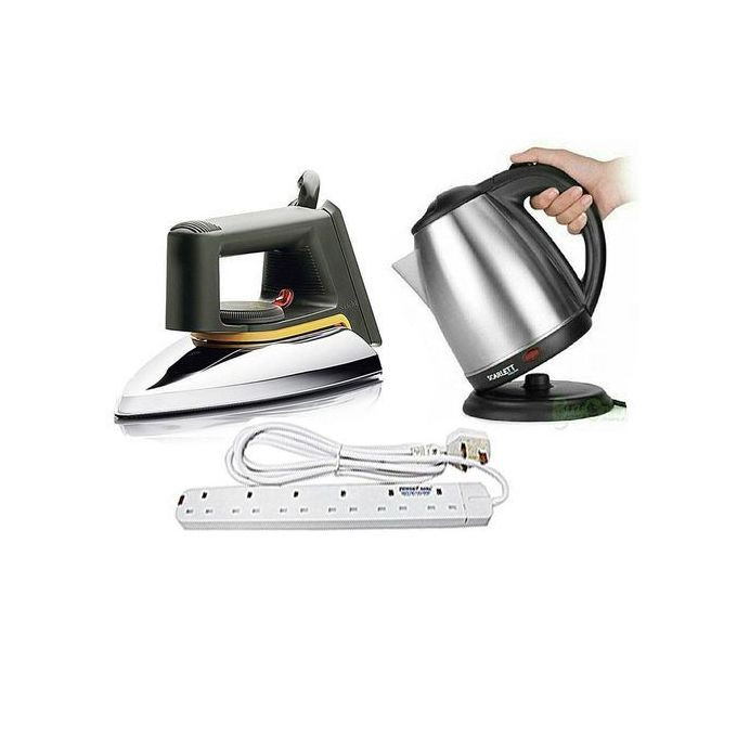 Bundle Of Flat Iron, Kettle 2 Litres And 6Way Extension Cable - Silver