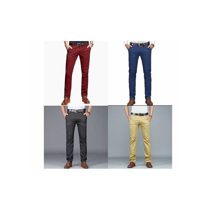 4 Packs of Men's Khaki Stretcher Trousers - Brown, Navy Blue , Maroon, Black