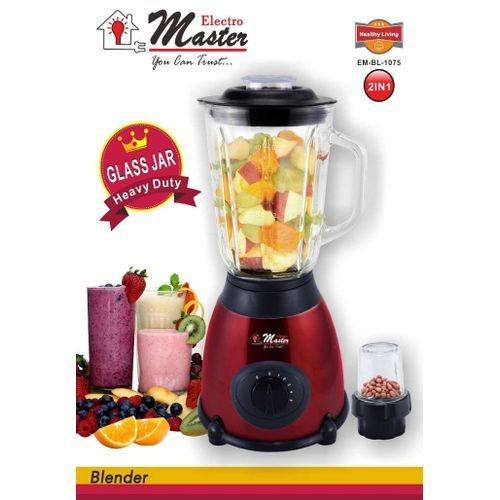 Electro Master EM-BL1075 2-in-1 Glass Jar Blender – 1.5L, 500W, Maroon