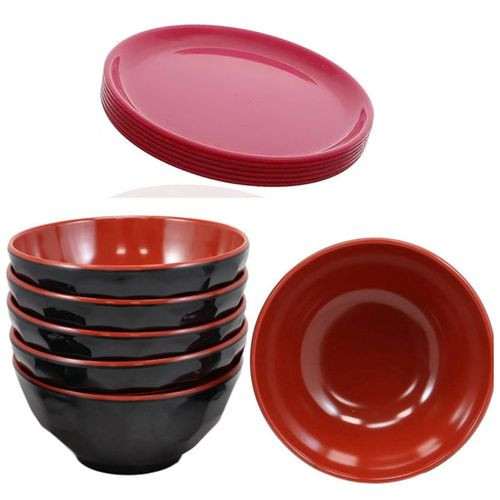 12 Pieces Strong Melamine Dinner Plates And Bowls Set-Red