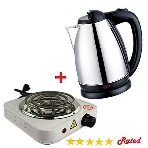 2Liters Stainless Steel Electric Kettle + Single Coil Hotplate - Silver
