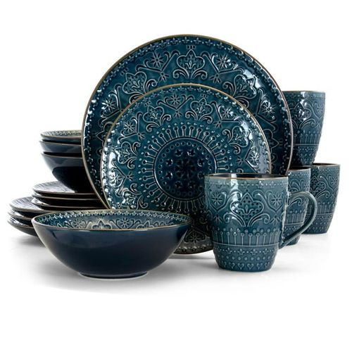 24 Pieces Ceramic Dinnerware Set Of 6 Bowls 6 Dinner plates 6 Side Plates And 6 Cups-Blue