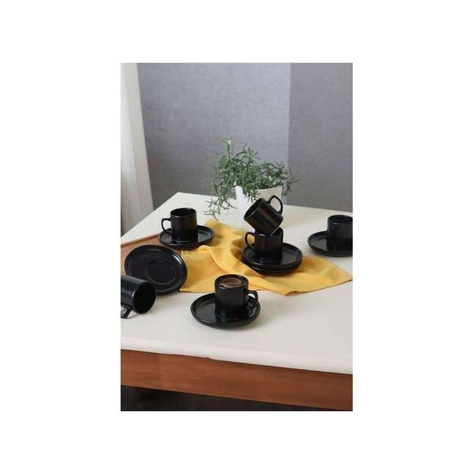 6 Pieces Of Tea Mugs Coffee Cups And 6 Saucers -Black.