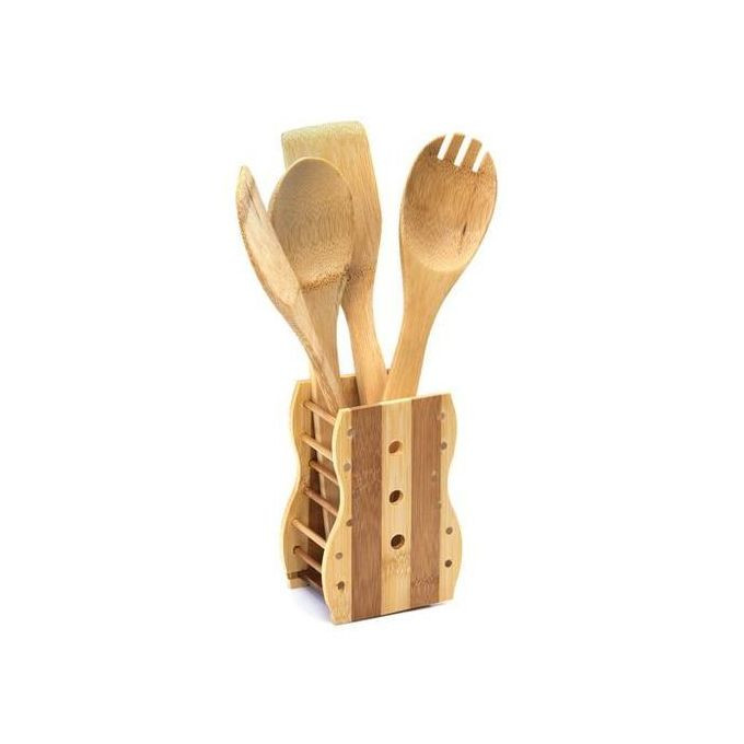 4 Set Of Bamboo Kitchen Cooking Tools-Brown