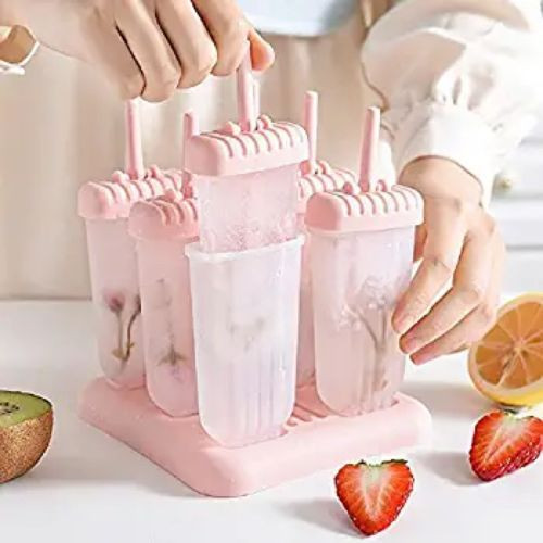 6 Ice Pop Makers, Popsicle Frozen Candy Lolly Ice Cream Moulds Tray- Pink.
