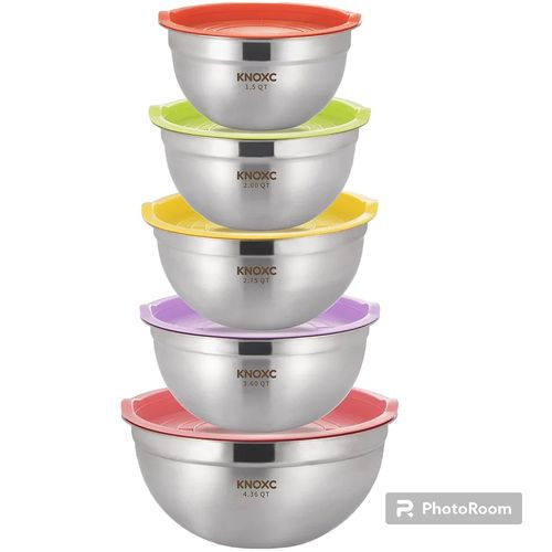 Aset of unique stainless steel mixing and serving mutlple purpose dishes