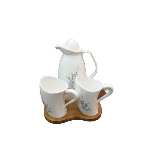 4 Pieces Tea Set With Teapot, Mugs And Tray/Flower May Vary-White