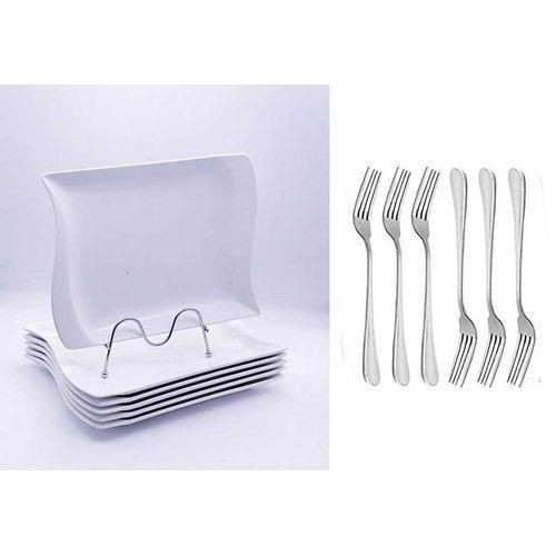 6 Pieces Set Of Elegant Square Dinner Plates With Free 6 Forks- White