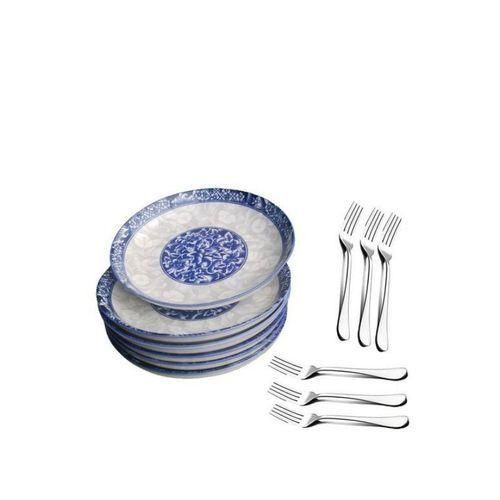 Set Of 6 Ceramic Dinner Plates – White & Blue