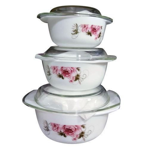 3 Pieces Set Of Ceramic Opal Dishes With Glass Lids - White/Flower May Vary